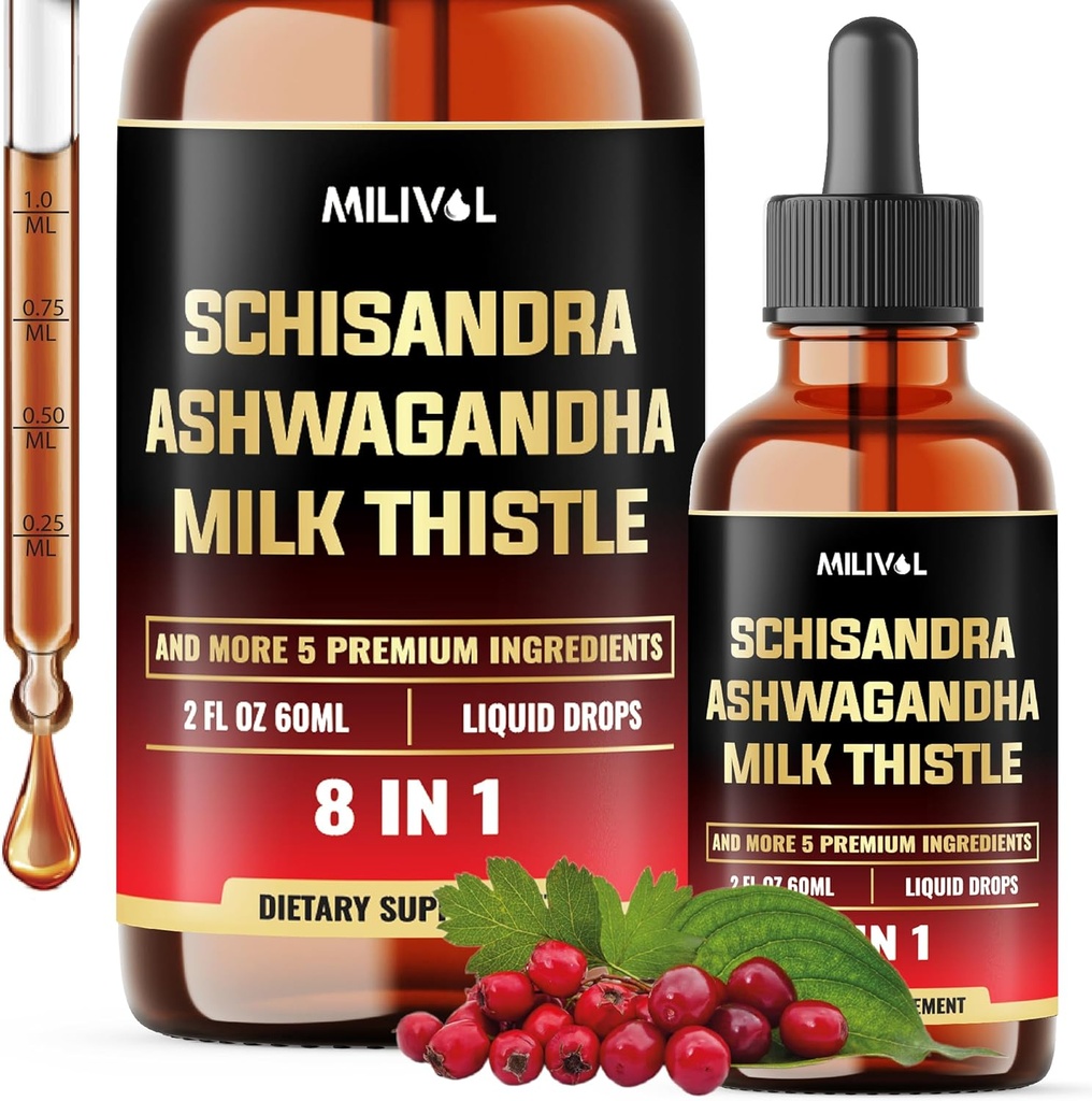 8in1 Schisandra Berry Drops with Milk Thistle, Ashwagandha, Rhodiola Rosea, Holy Basil, Artichoke, Dandelion Root & Turmeric Curcumin - 2 Fl Oz for 2 Month Supply