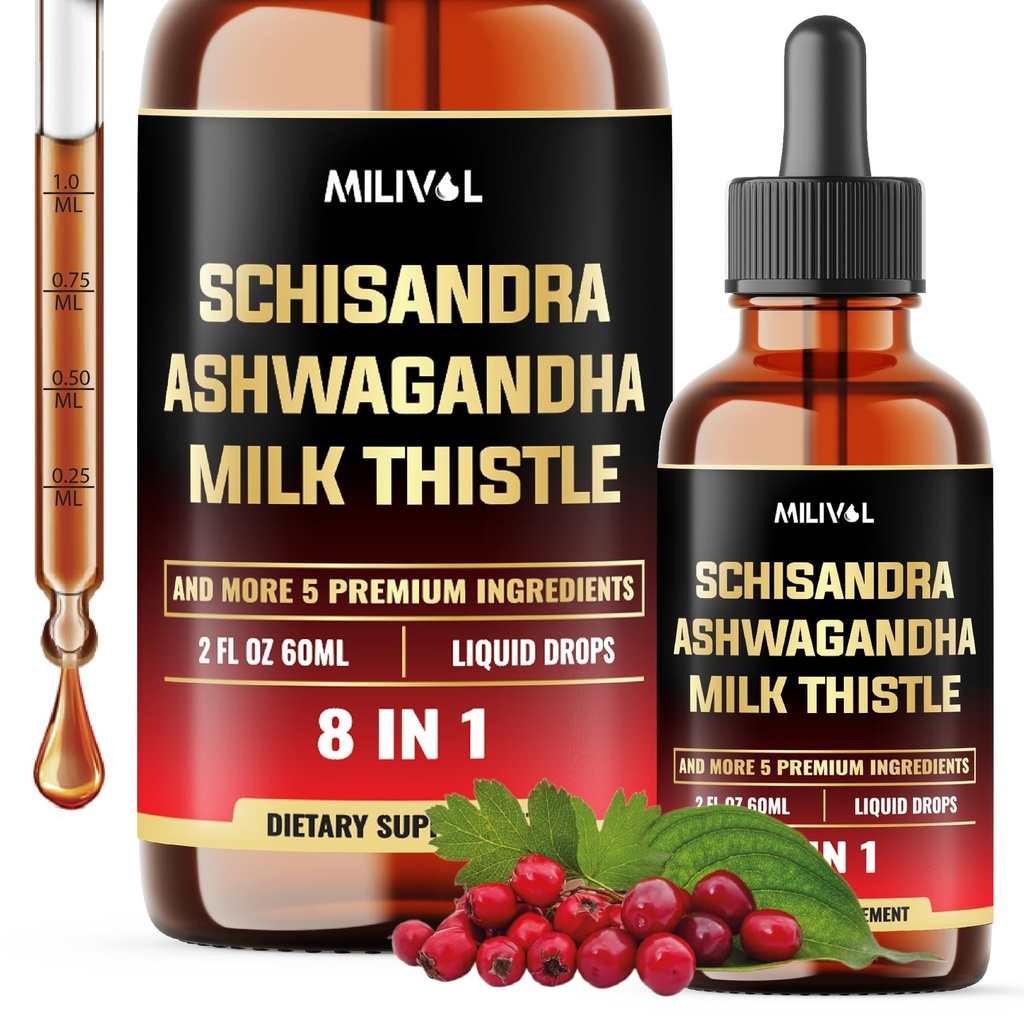 8in1 Schisandra Berry drops with Milk Thistle, Ashwagandha, Rhodiola Rosea, Holy Basil, Artichoke, Dandelion Root & Turmeric Curcumin - 2 Fl Oz pentru 2 luni de aprovizionare