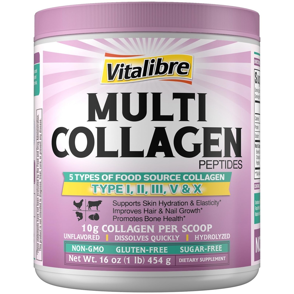 Multi Colagen Peptides Powder Tip I II III V X, Hidrolized Colagen Proteine pentru femei și bărbați, Piele, Păr, Nails, Non-GMO, Keto & GF, Zero Sugar, 45 Serviri, 16oz