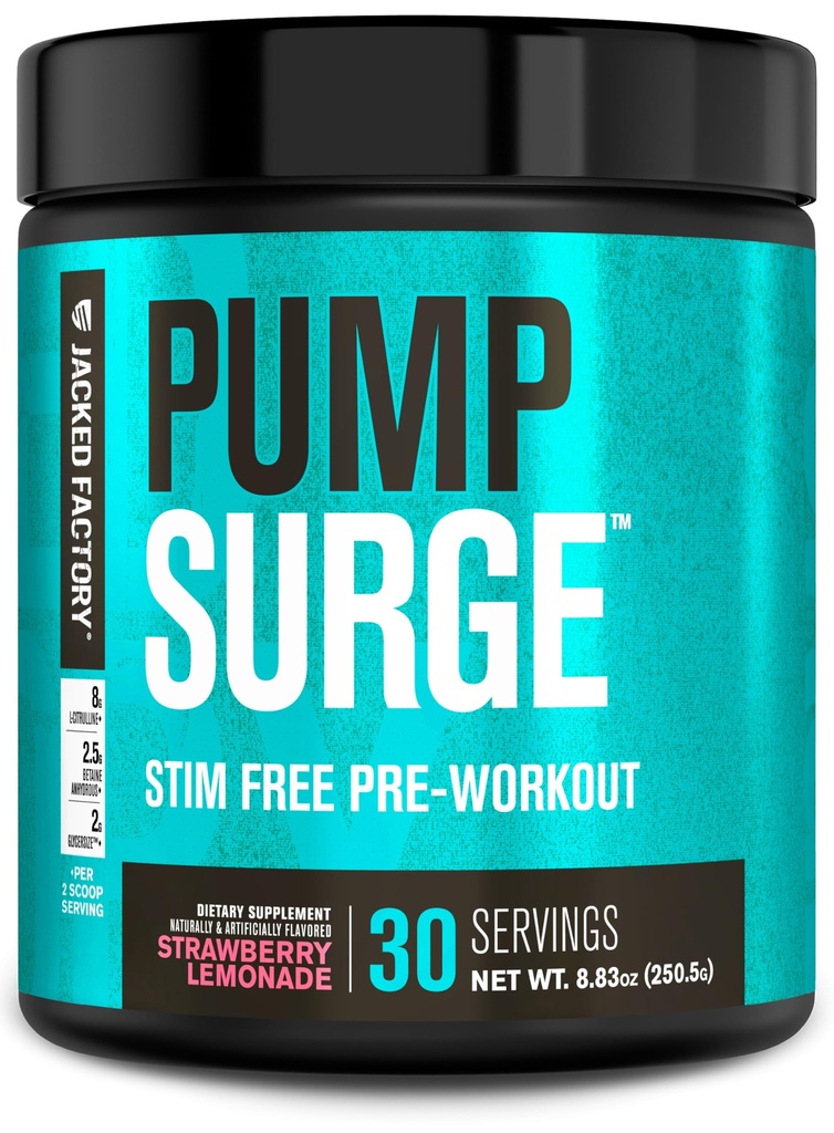 Jacked Factory Pumpsurge Caffeine Free Pre Workout pentru bărbați și femei - Nootropic Booster & Stim Free Pre Workout - Pompe intensive, focus îmbunătățit - 30 Serviri, căpșuni Lemonade