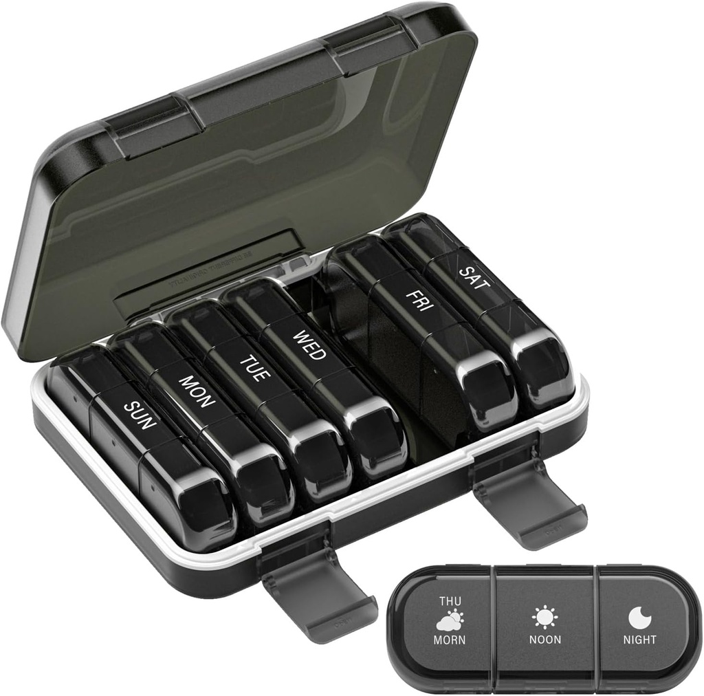 Organizator de pastile săptămânale de 3 ori pe zi, 7 zile cutie de pastile portabile pentru pastile, vitamine, ulei de pește, medicamente, suplimente (3x7 negru)