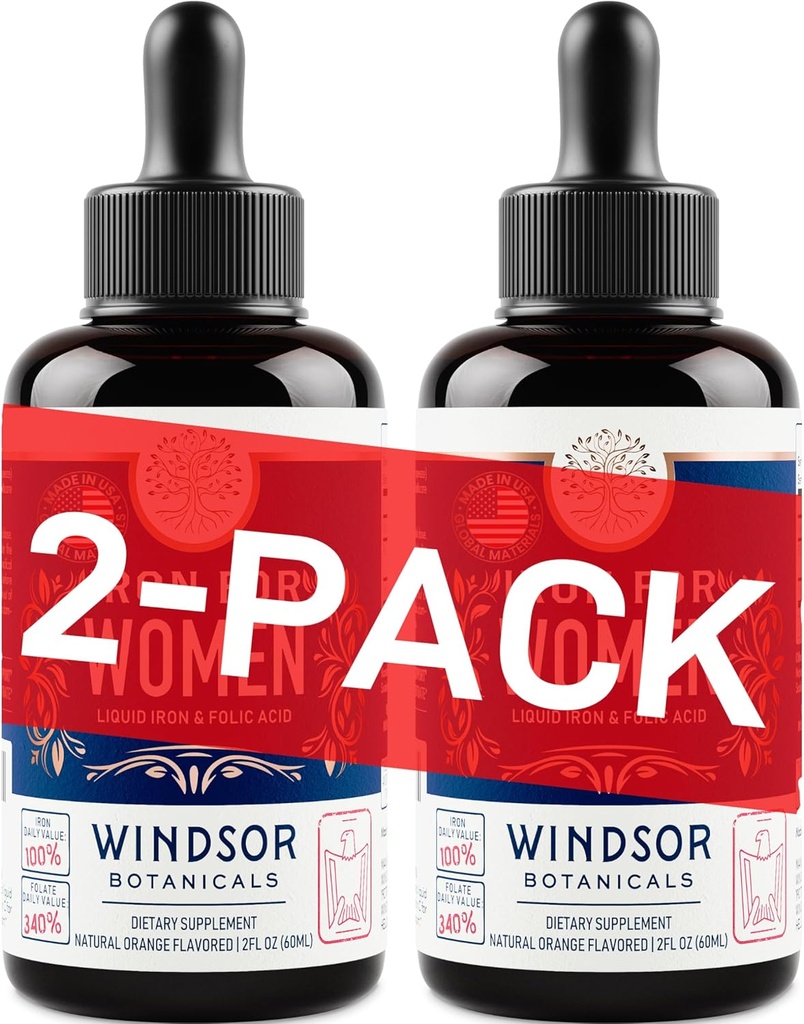 WINDSOR BOTANICA Supliment de fier lichid pentru femei 2-pack - Acid folic, vitamina C, Vegan suplimente de fier lichid pentru anemie, Menstruatie, Suport de sarcina - Drops Orange Flavor - 2x2oz