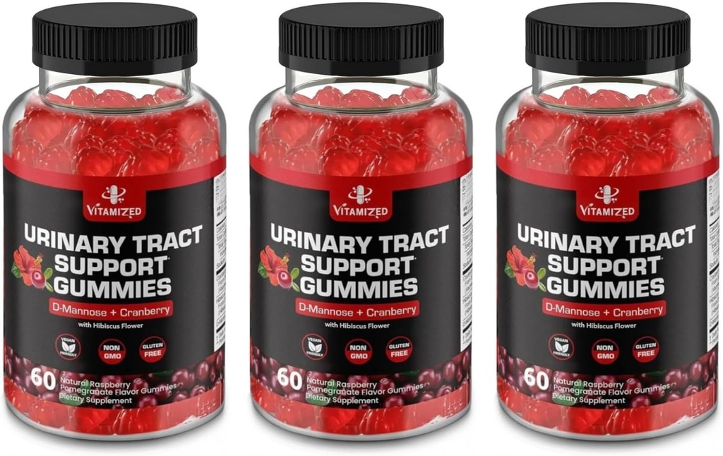 Gume de fructe de cranberry 1500 mg cu D Manose - tract urinar Sănătate pentru femei și bărbați, culoare urinară și vezica urinară Suplimente de suport cu acțiune rapidă cu pulbere Hibiscus, 180 Conte