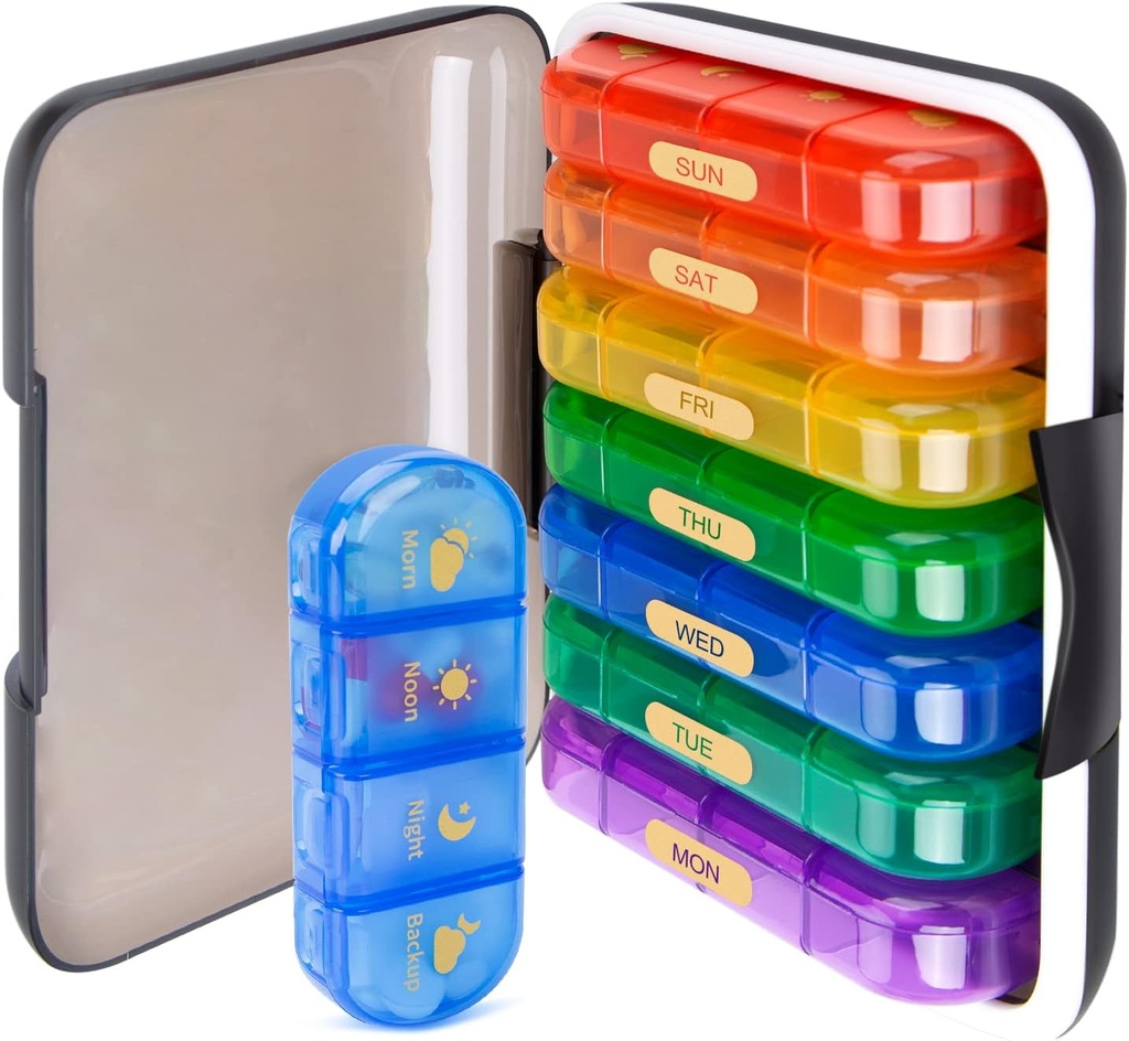 MURRI&MURRDI 7-zi Organizator de pastile cu 28 de celule, caz de pastile săptămânale mare pentru 4 Compartimente zilnice, umiditate-Proof Pastila de călătorie pentru vitamine, medicamente, suplimente, Multi-Color