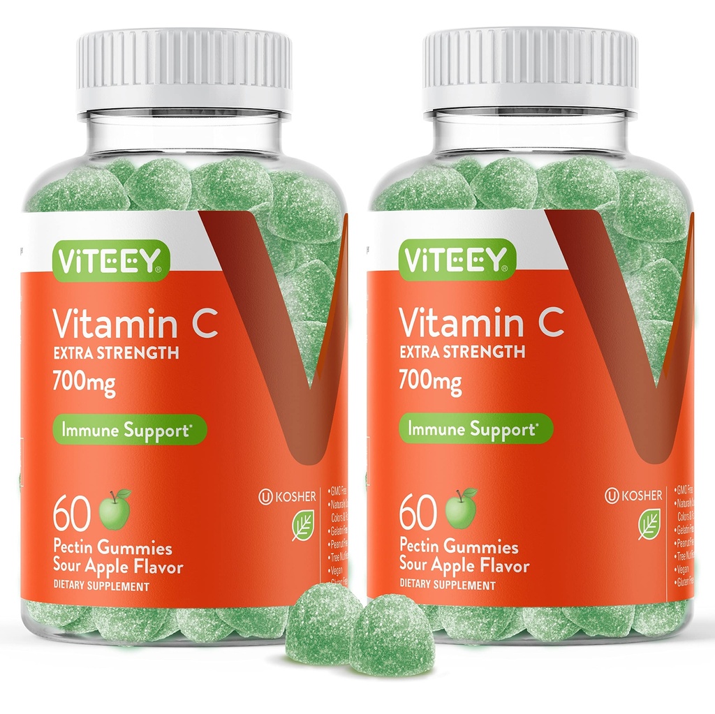 Gume de vitamina C masticabile Viteey pentru adulți - 700 mg supliment de sprijin imun cu rezistență suplimentară - Vegan, Gluten gratuit - 120 Conte