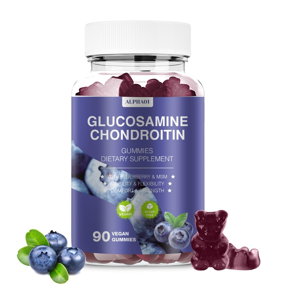 Glucosamină Chondroitin Gummies - 3000MG supliment suplimentar de sprijin comun cu MSM & Elderberry, flexibilitate, suport imun antioxidant Gummy pentru adulți, Bărbați și femei 90 gume de afine