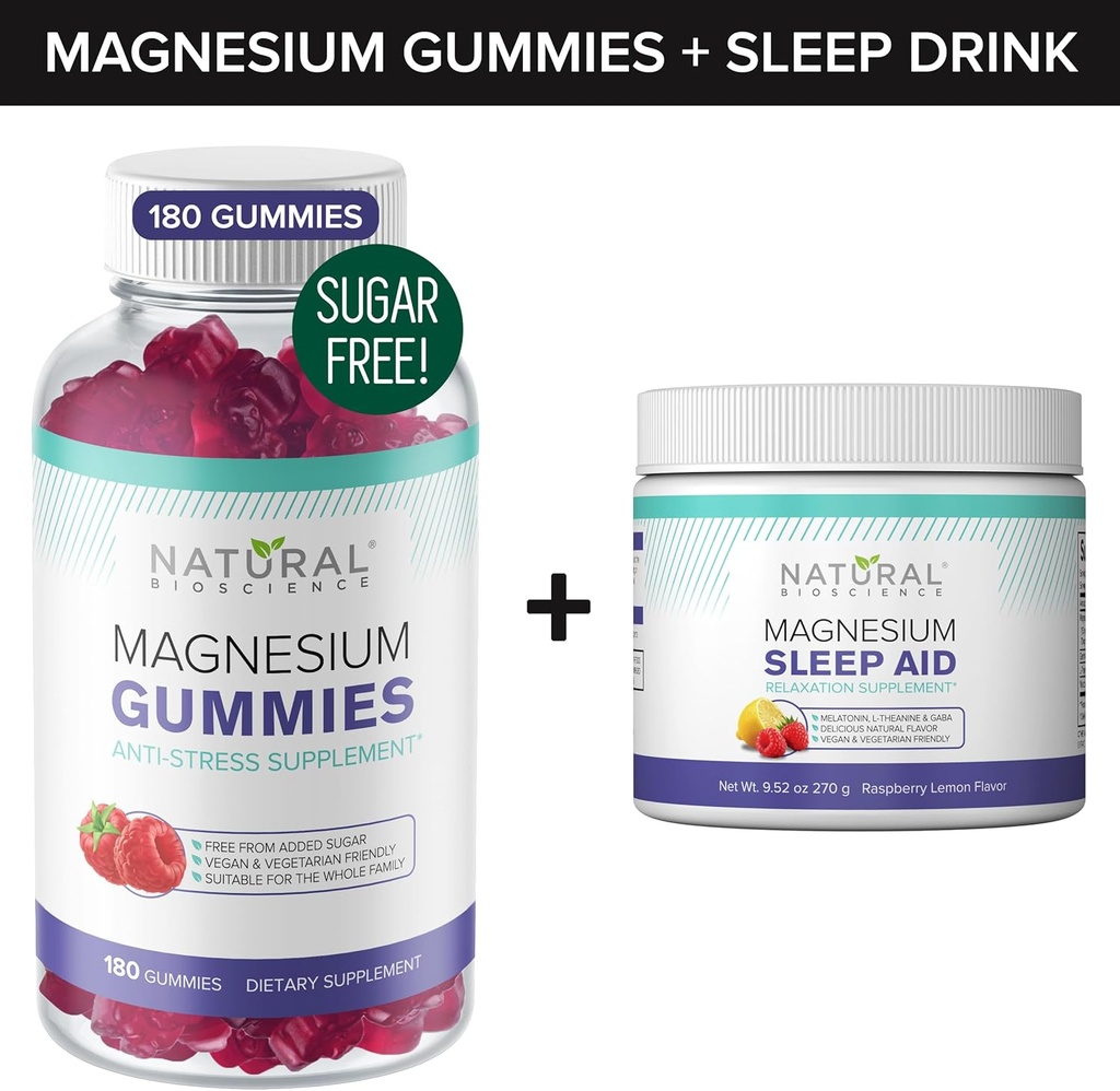 Gume de magneziu fără zahăr (180 gume) și pulbere de magneziu timp de noapte cu Citrat de magneziu, Melatonină, L-Theanină și GABA - Vegan, Gelatină-Free, Gluten-Free, Non-GMO