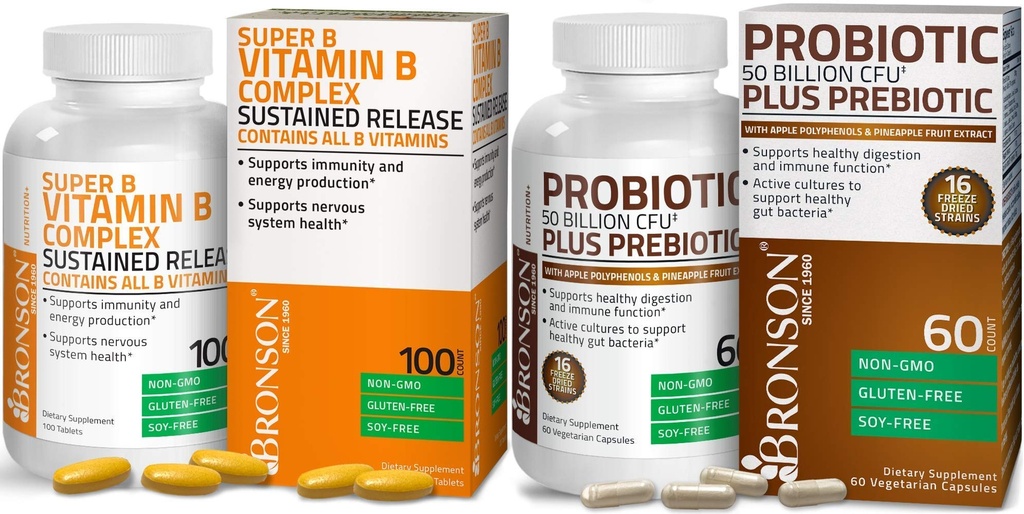 Probiotic Bronson 50 Miliarde CFU + Prebiotic cu polifenoli de mere și extract de fructe de ananas + vitamina B Complex de eliberare susținută