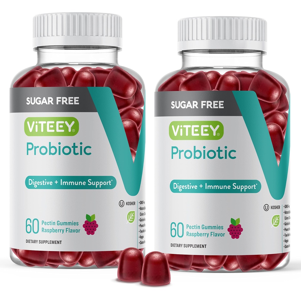 Gume Probiotice Vitee pentru femei, bărbaţi şi adolescenţi, 2 miliarde CFU - Sugar Free - Immune Booster, Suport Digestiv, Sanatate Gut - Vegan, Gelatină gratuit, OMG-uri gratuit - Gummy gustoase de zmeură aroma