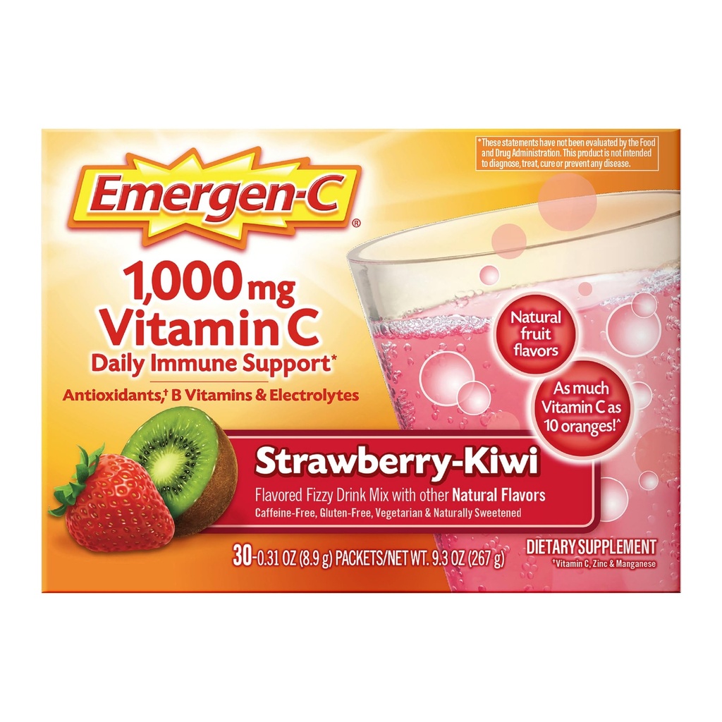 Emergen-C 1000mg vitamina C Suport imun Pulbere căpşuni Kiwi 30CT include zinc, mangan, 7 B vitamine şi electroliţi pentru Înapoi la şcoală esenţiale