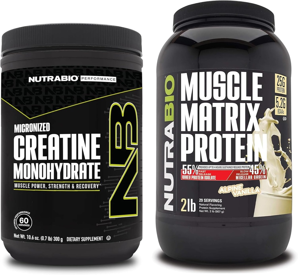 NutraBio Creatina Monohidrat, Nearomatizat, (300 g) și Muşchi Matrix Pulbere Proteină, (Vanilla) Supliment Bundle 