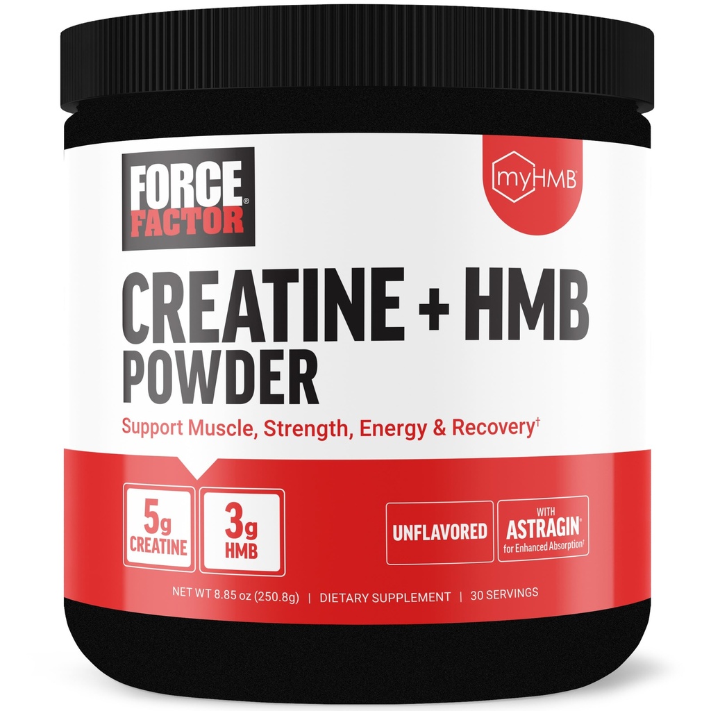 Force Factor Creatin HMB Powder, 5g Creatină Monohidrat + 3g myHMB pentru crestere musculara, Putere, Energie & Recuperare, cu AstraGin pentru absorbție îmbunătățită, Nearomatizate, 30 Servings