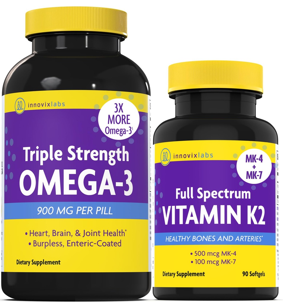 InnovixLabs Vitamina K2 & Triple Omega Bundle Full Spectrum Vitamina K2 (90 Softgels) Triple Putere Ulei de pește Omega-3 (200 Softgels). Susţine oasele sănătoase, arterele şi articulaţiile *.