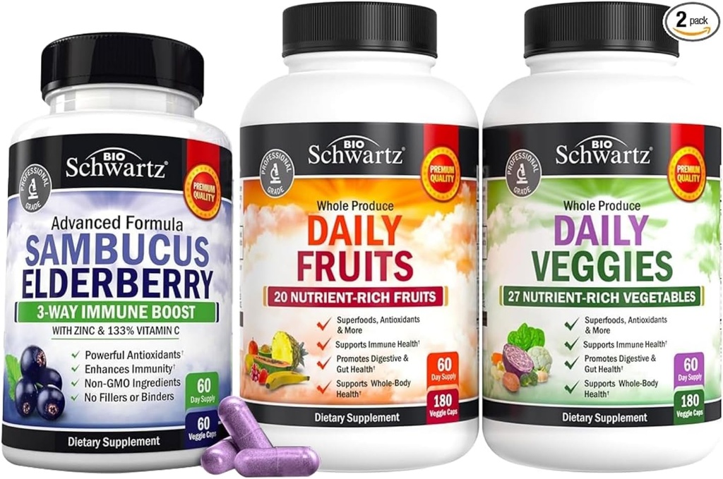 BioSchwartz Daily Fruits and Veggies Supplement for Women and Men (2 Month Supply) Plus Elderberry cu zinc și vitamina C pentru adulți Suport imun (2 lună de aprovizionare)