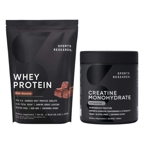 Sports Research® Creatine Monohidrat (10.58 oz) și proteine olandeze de ciocolată Whey (2 lbs), The Dynamic Duo for Lean Muscle Building, Performanță îmbunătățită și de recuperare de rezistență și antrenament