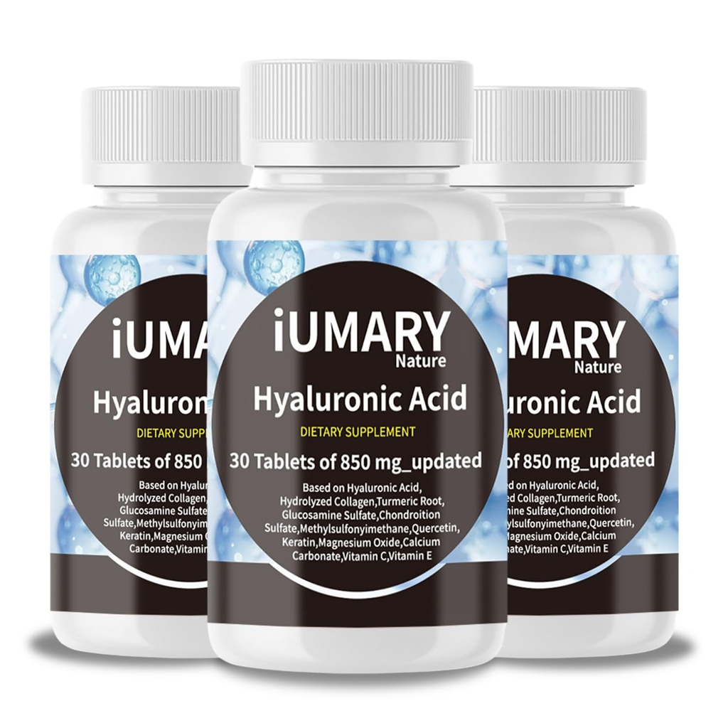 Suplimente de acid hialuronic, 850 mg acid high biodisponibil Dietarial Hialuronic - Suport comun avansat cu Colagen hidrolizat, Turmeric, Glu-cosamină, MSM, Vitamina C 