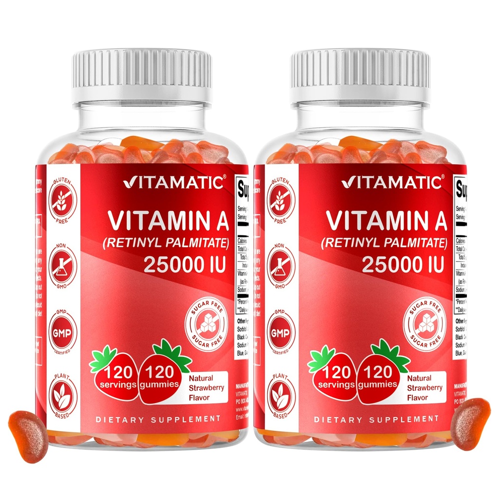 Vitamină fără zahăr vitamatic A 25000 UI Gumies (Retinyl Palmitat) - Aroma naturală de căpşuni - 120 Gume pe bază de pectină (2 flacoane)