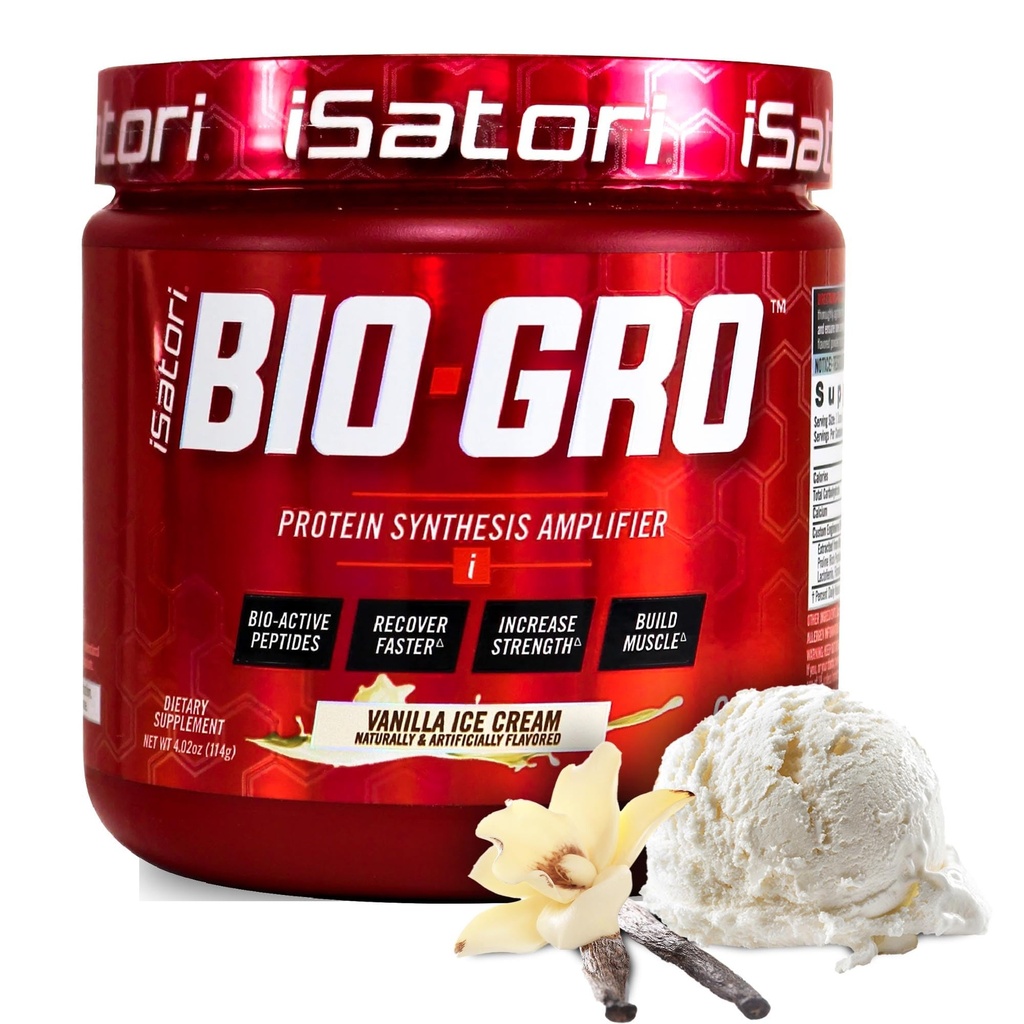iSatori BIO-GRO Amplificator de proteine, pentru recuperarea si cresterea musculaturii, imbunatatit Stimulant Free Pre-Workout & Suplimentul Colostrum cu Bio-Active Peptide- Inghetata de Vanilie (60 Servings)