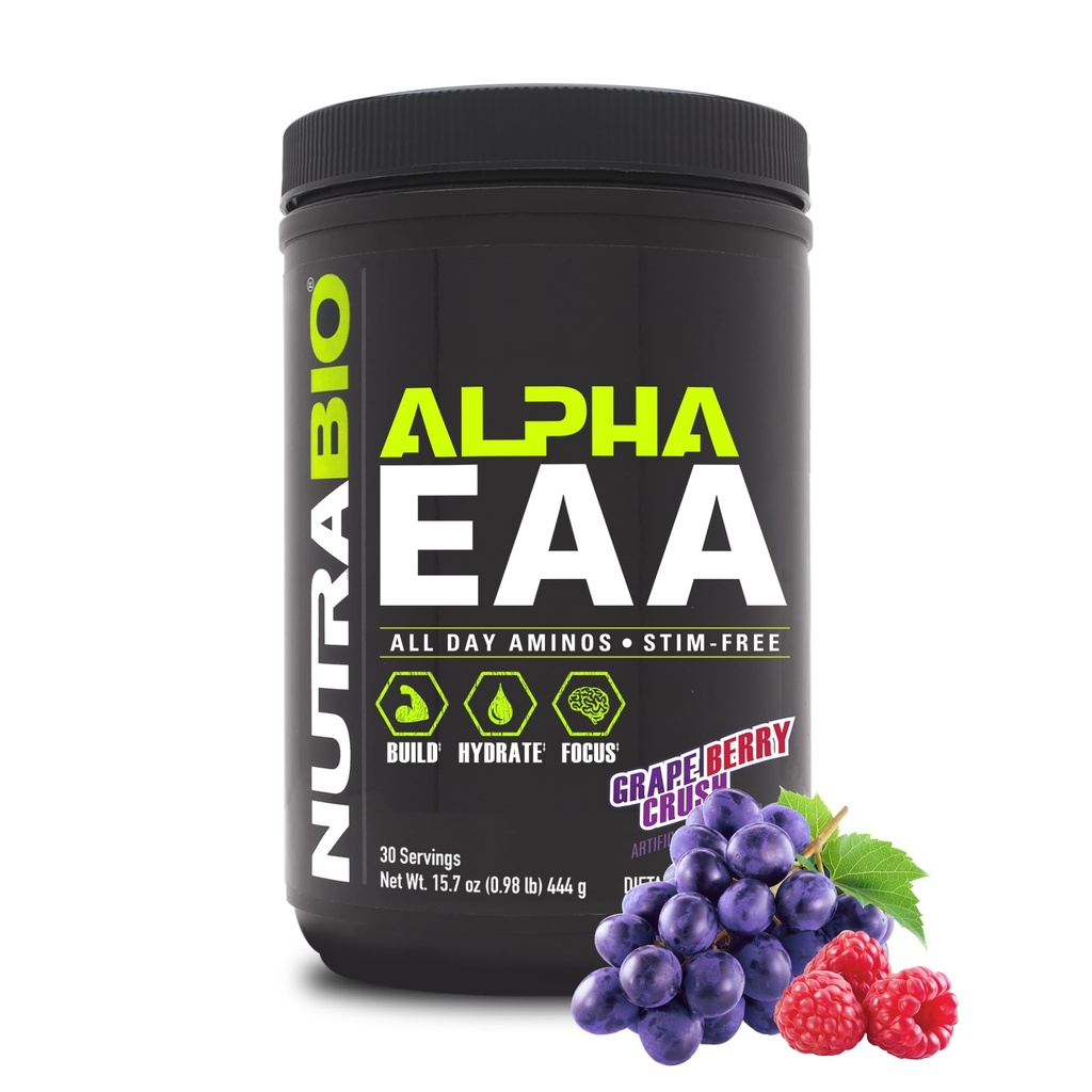 NutraBio Alpha EAA - All-Day Aminoacids for Muscle Growth and Hidration - Essential Aminoacids with Nootrops & Adaptogens- Full Spectrum EAA BCAA Powder - 30 Servings - Grape Berry Crush
