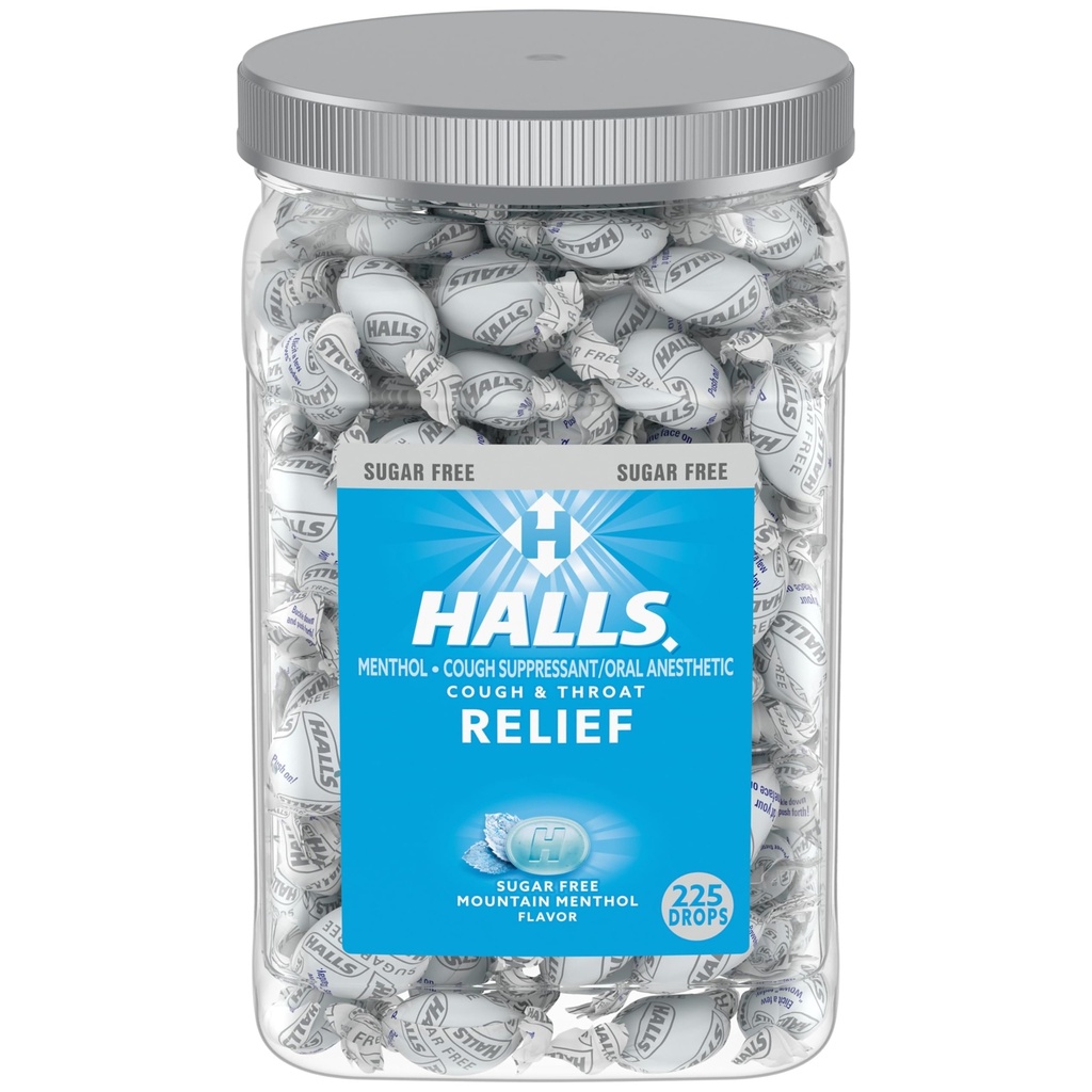 Halls Relief Mountain Mentol Drops de tuse gratuit, picături de tuse vrac, 225 picături