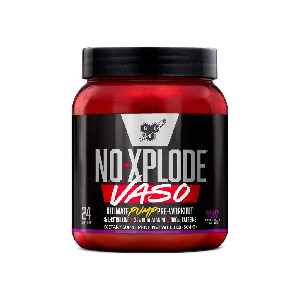 BSN N.O.-XPLODE Vaso Pre Workout Pulbere cu 8g de L-Citrullină și 3.2g Beta-Alanină și Energie, aromă: Furie de struguri, 24 Serviri