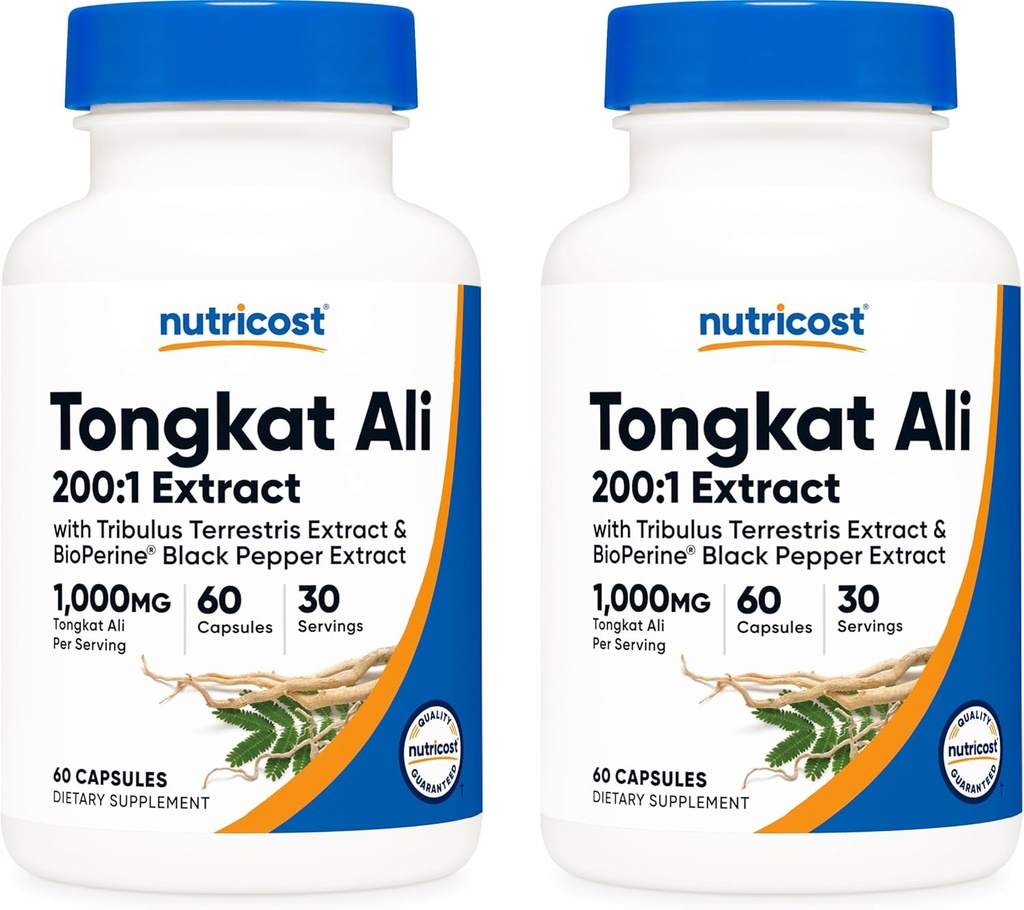 Nutricost Tongkat Ali 1000mg, 60 Capace (2 Sticle) - 30 Serviri pe sticla, Veggie Caps, Non-GMO, Gluten gratuit