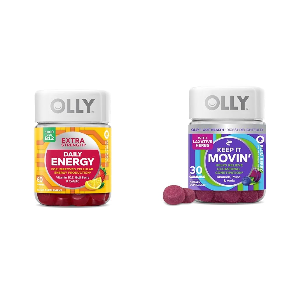 OLLY Extra Power Daily Energy Gummy cu vitamina B12, CoQ10, Goji Berry, 60 Conte & Keep It Moving Constipation Relief Gummy cu Rhubarb, Prune, Amla, 30 Conte