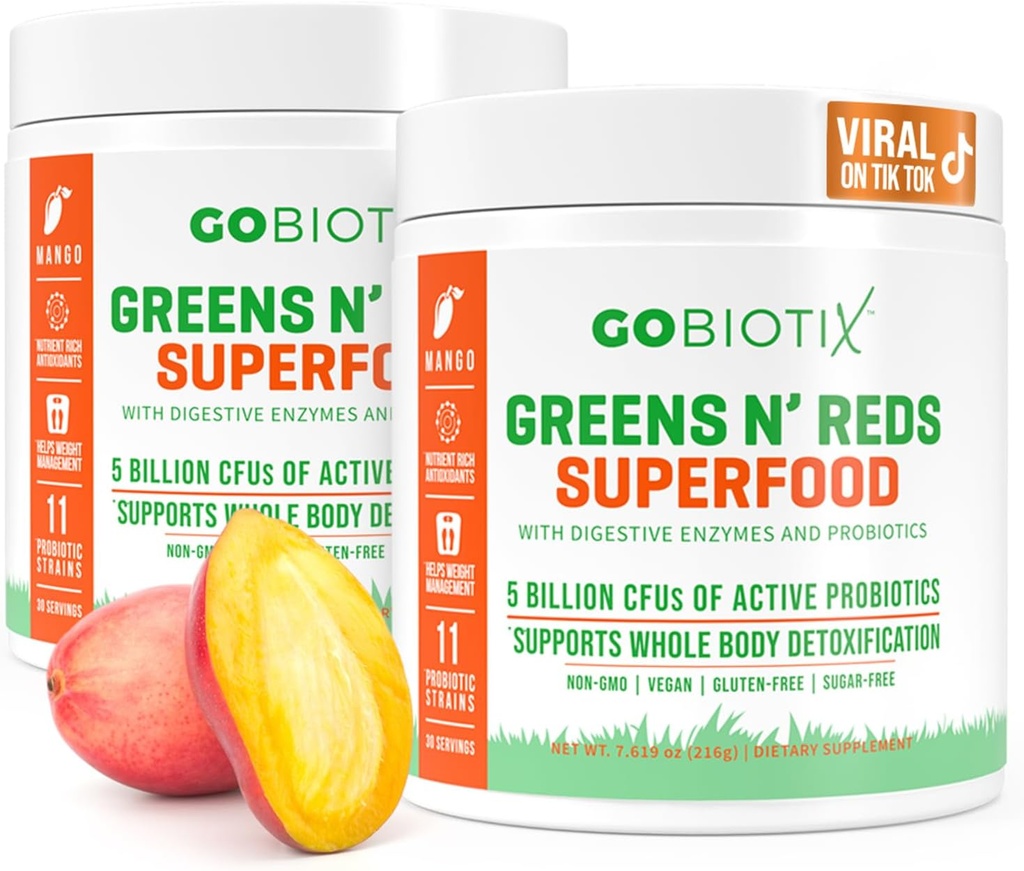 GOBIOTIX Super Greens și Reds pulbere - Superfood roșu și verde - Supliment probiotic - Enzime digestive și rădăcină de sfeclă - Alimente organice întregi Supliment alimentar (Mango, 2 Pack)
