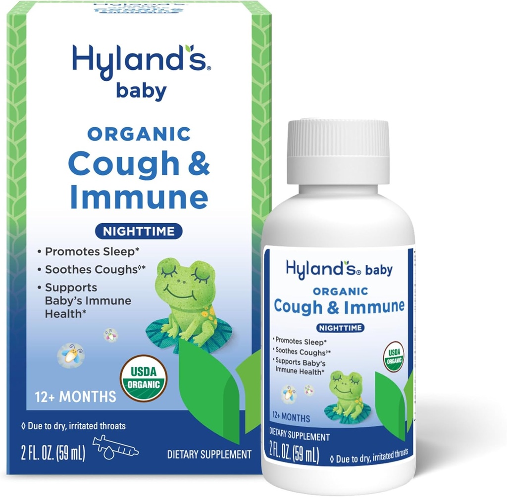 Hyland's Baby Organic Tuse Syrup and Immune Support with Agave, Elderberry and Pomegranate, Soothes Tuse, and Supports Imunity, Nighttime, 2 Fl. Oz.