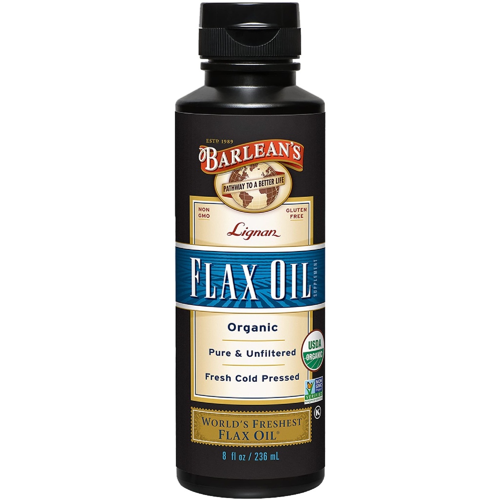Barlean Organic Lignan Flaxseed supliment lichid de ulei de semințe de in presat rece, 7,230 mg ALA Omega-3 acidi grasi pentru îngrijirea pielii și părului, Vegan & Gluten gratuit, 8 oz