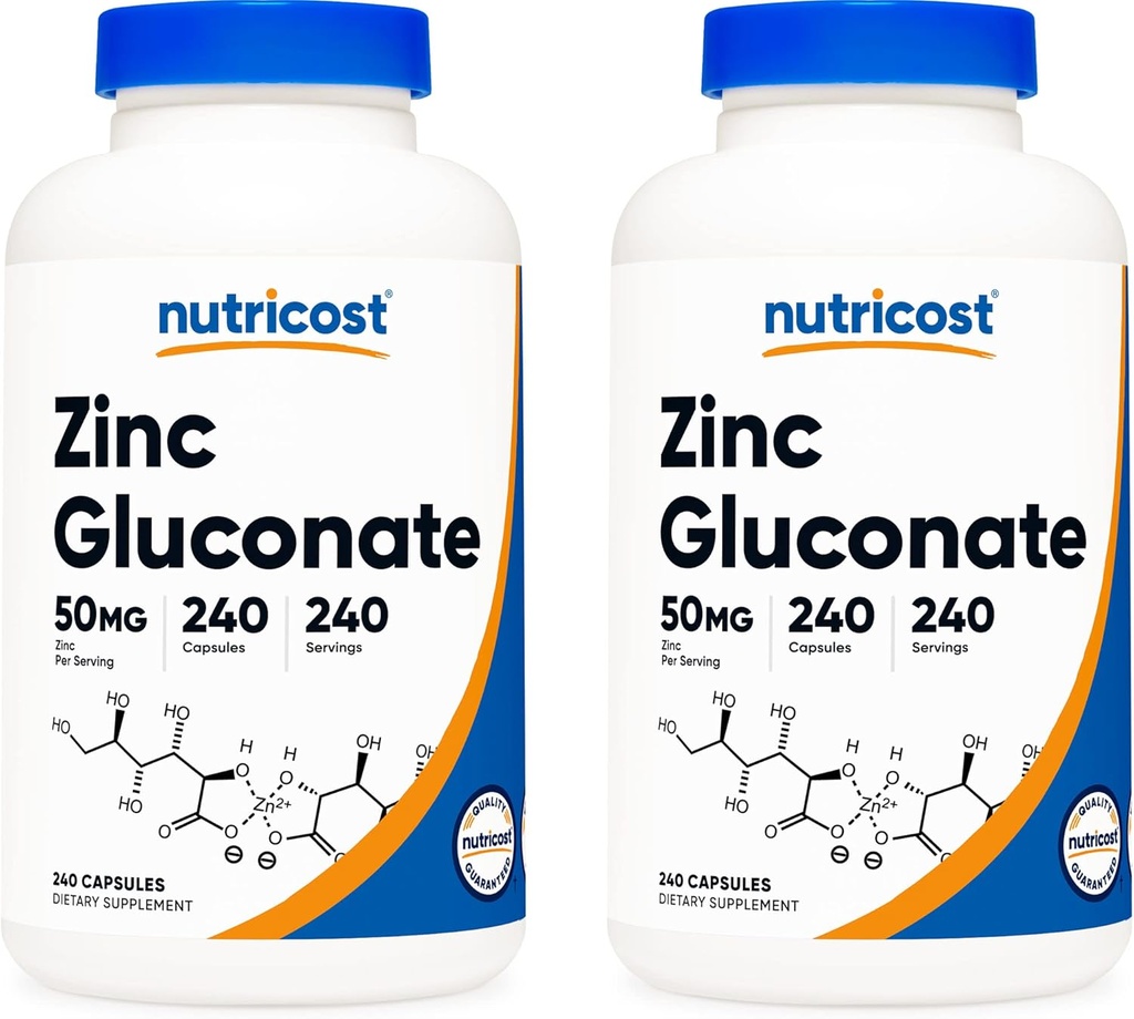 Nutricost zinc Gluconat 240 Veggie capsule (50 mg) (2 flacoane) - Gluten gratuit și non-GMO