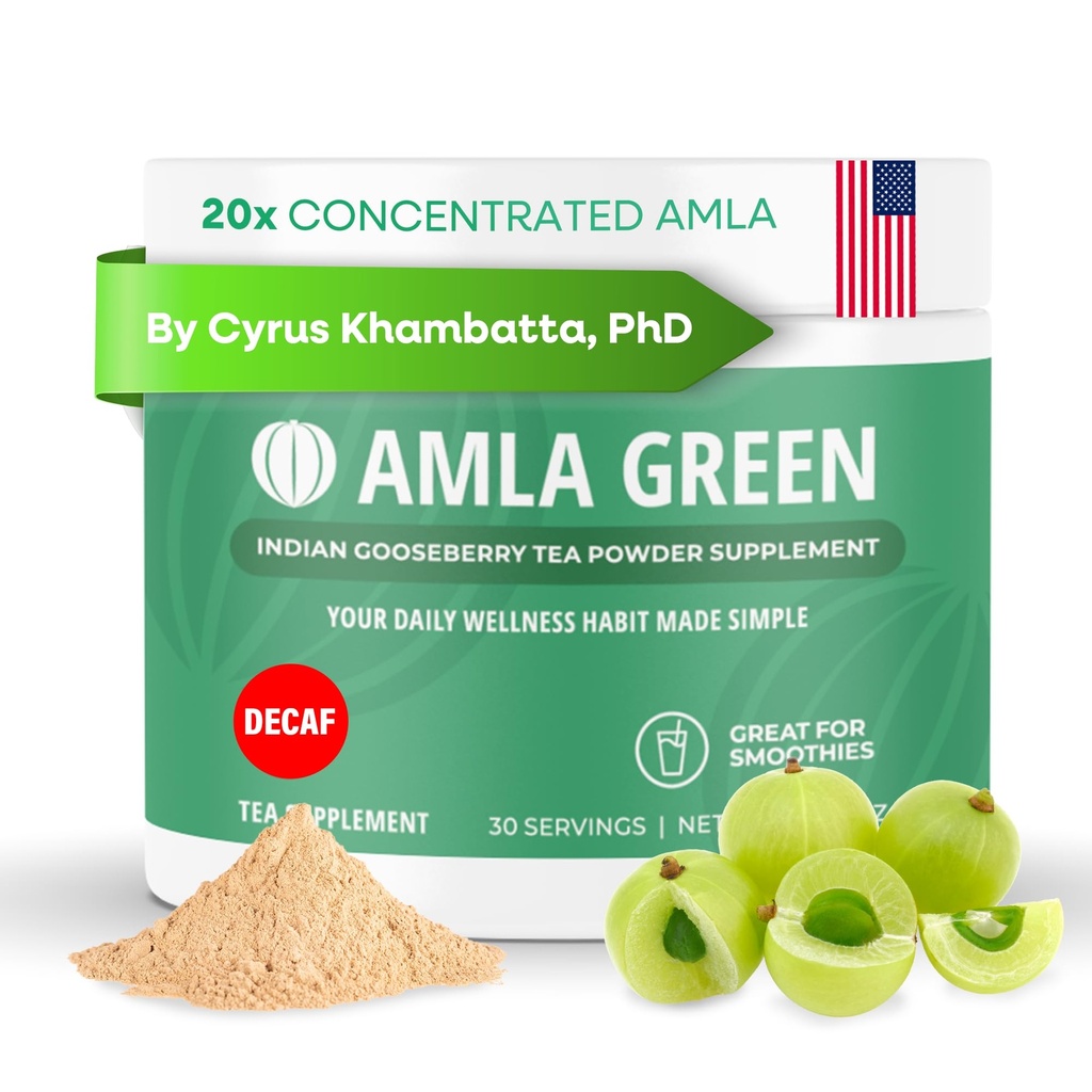 Amla Powder & Decaf Green Ceai Superfood Supliment, 20x Ultra concentrat Amla, suport antioxidant, Made with Oolong Tea and Indian Gooseberries, Organic, Vegan, Decaf, 30 Servings