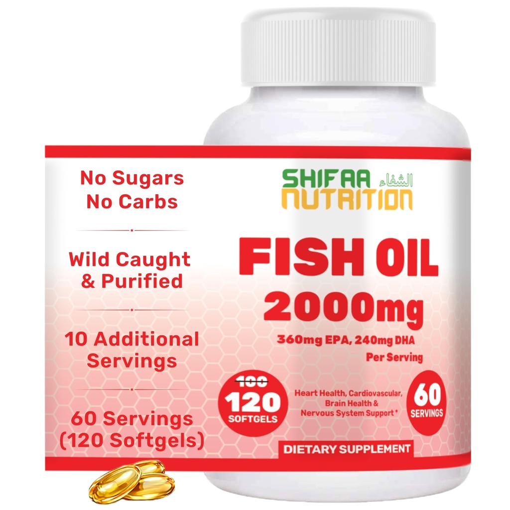 SHIFAA NUTRITION Ulei de pește Halal 2000mg Softgels cu 360mg EPA & 240mg DHA. 100 Wild Caught & Non-GMO Omega 3 Softgels pentru inima si sanatatea creierului. Burpless, Easy-to-Swallow Fish Omega 3 Suplimente