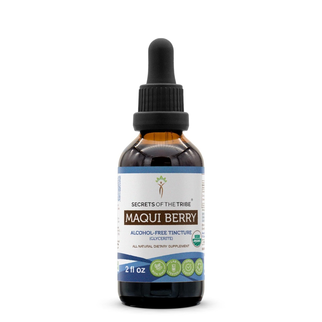 Secretele Tribe Maqui Berry USDA Organic Tincture Extract lichid fără alcool, Maqui Berry (Aristotelia chilensis) Uscat Berry (2 FL OZ)