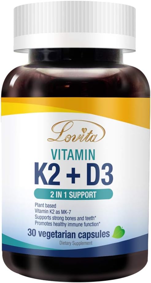 Lovita Vitamina K2 + D3, 400 UI vitamina Vegan D3 & 120 mcg Vitamina K2 (MK-7), 2 în 1 Formula, Complex de vitamine imune, 30 Capsule vegetariene