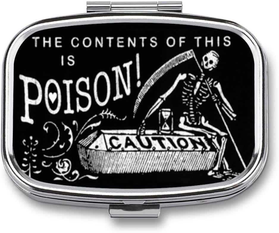 Metal 2 Compartiment Pill Organizator Travel Prietenos Portabil Compact Cute Pilula Caz Pilula pentru Hold Vitamine,Pish Oil,Supplements,Meds,Tablet pentru Purse,Pocket. (Black Scythe)