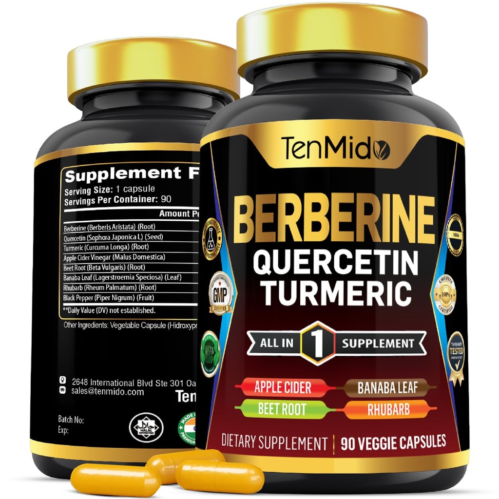 Berberine Supliment pentru bărbaţi şi femei, 8in1 Formula cu Querbetin, Turmeric, Cidru de mere Oţet, Sfeclă & Mai mult - Digestive, Suport imunitar - bogat în Nutrient - 90 capsule