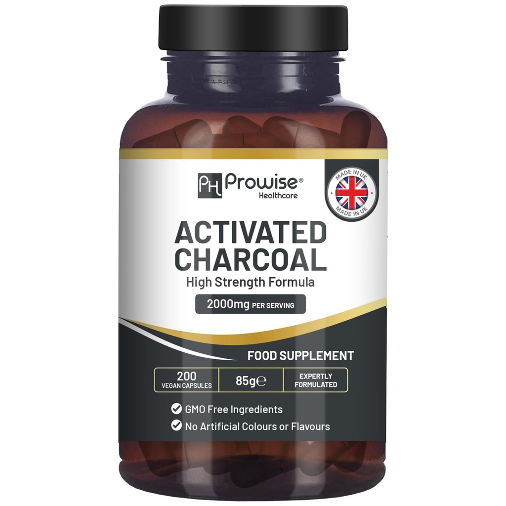 Capsule Charcoal activate - 200 capsule Vegan de înaltă rezistență - 2000 mg per Serving I Made in the UK by Prowise Healthcare