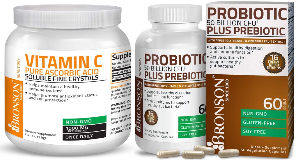 Probiotic Bronson 50 Miliarde CFU + Prebiotic cu polifenoli de mere și extract de fructe de ananas Vitamina C Pulbere Acid ascorbic Pur Soluble Fine Crystals non OMG