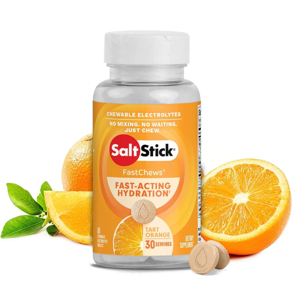 SaltStick Electrolyte FastChews - 60 Orange Tablete Electrolit masticabile - tablete de sare pentru runners, Sports Nutrition, Electrolyte Chews - 60 Conte Bottle