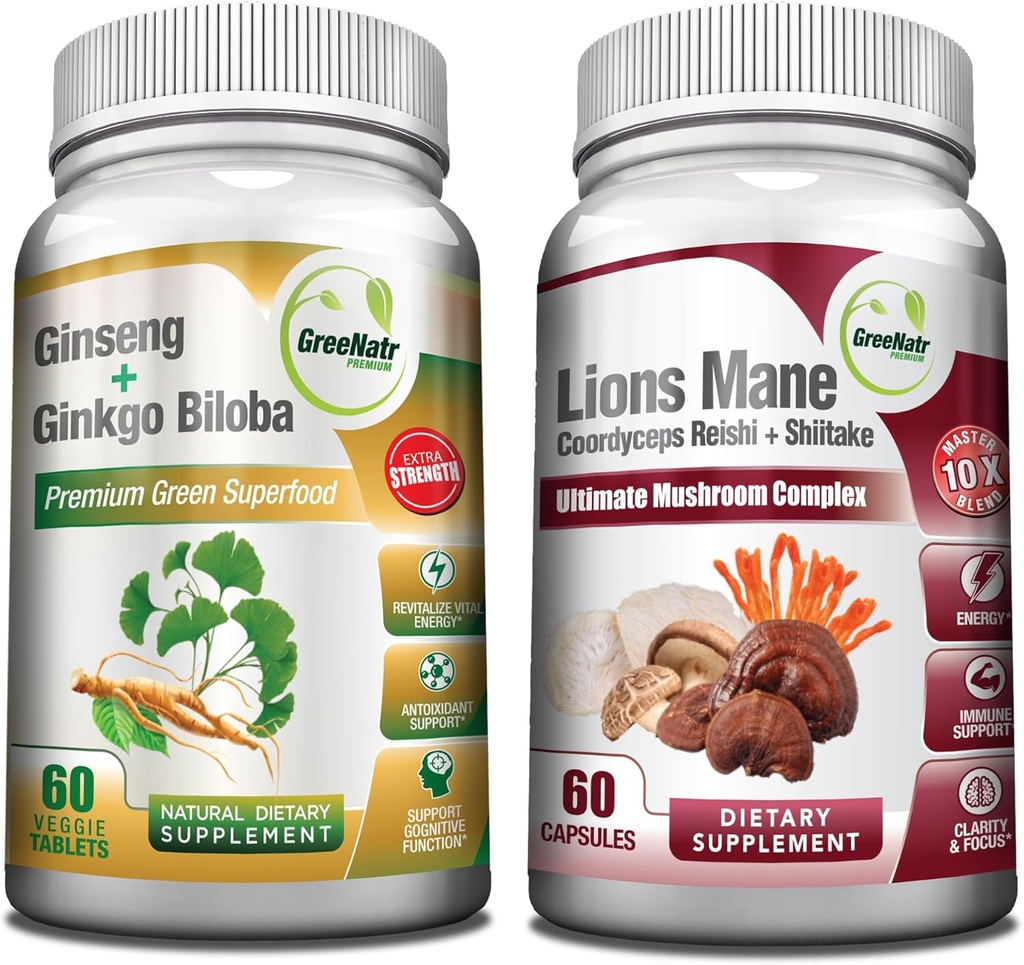 GreeNatr Mushroom Supplement, 10-in-1 Blend cu Lions Mane, Cordyceps, Shiitake, Chaga, Turkey Tail, combinate cu nostru energie și creier focus Booster naturale de rădăcină Ginseng și Ginkgo Biloba