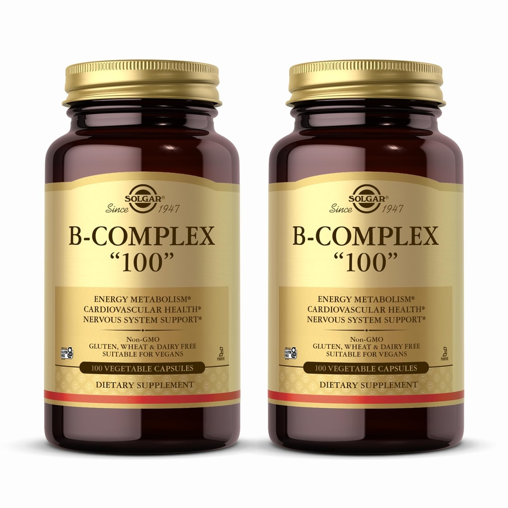 Solgar B- Complex 100" - 100 Capsule vegetale, pachet de 2 - Metabolizare energetică, Suport pentru sistemul nervos - Non-GMO, Vegan, Gluten gratuit - 200 Serviri totale