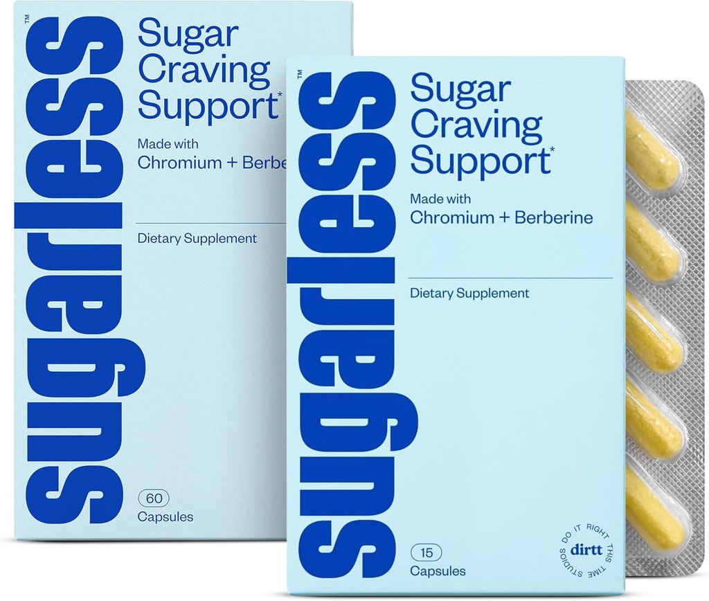 Sugarless Stop Sugar Cravings Supplement Bundle - Natural Craving Blocker cu Berberine, Crom, CoQ10 & L-Theanine - 30 Conte & 15 Conte Mărime de călătorie, Non-GMO & Gluten-Free