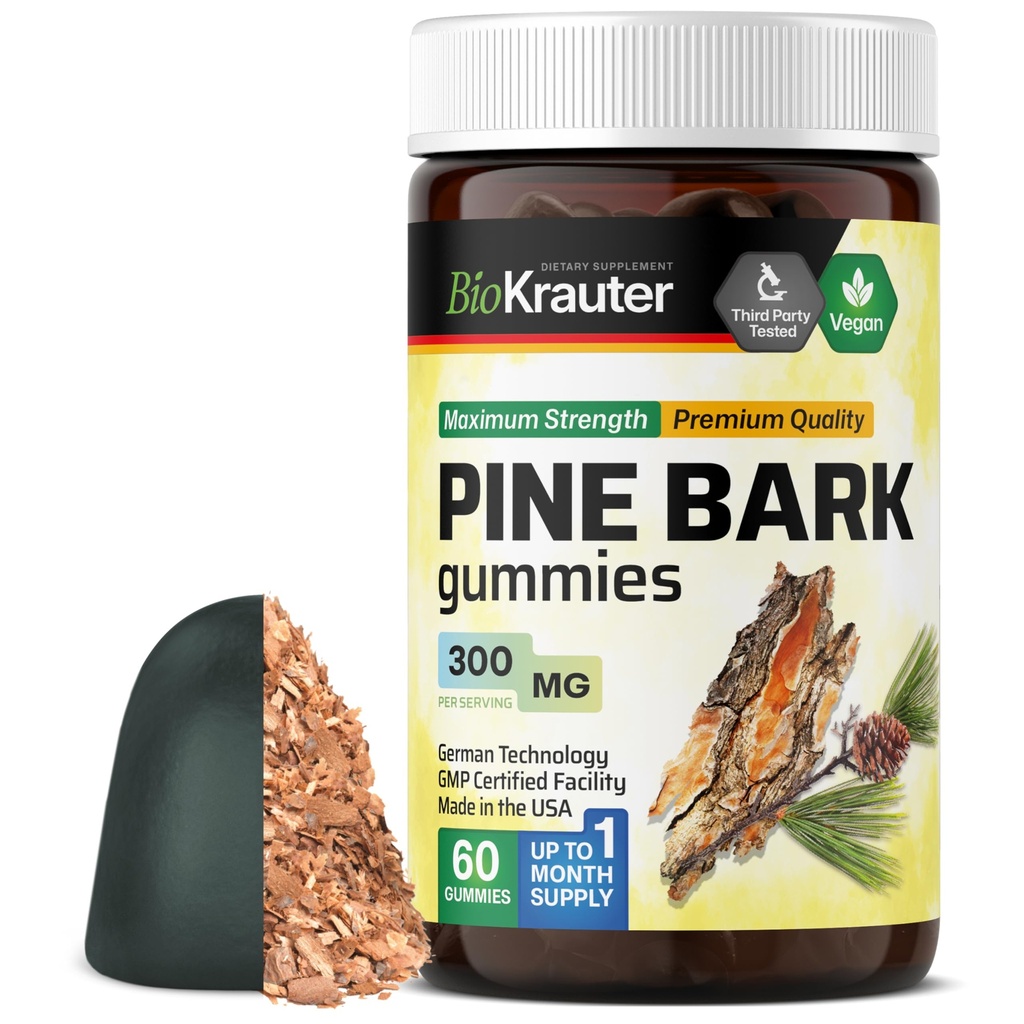 BIO KRAUTER Extract de scoarță de pin Gummies - 300 mg Putere - 60 Vegan Chews - Extract de scoarță de pin maritim francez - Supliment antioxidant - 95% Proanthocyanidins - Formula Pectin-Based