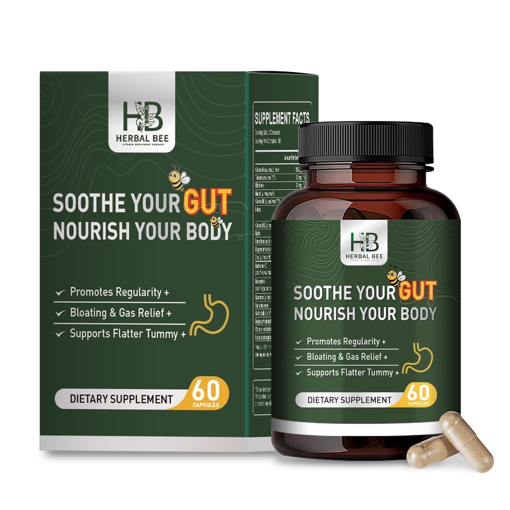 Herbal BEE Gut Health - gaz și balotat ajutor, constipație, Leaky Gut Repair - Gut Cleanse & Restove Digestion - Promovarea regularității, Colon Cleanser, 60 capsule