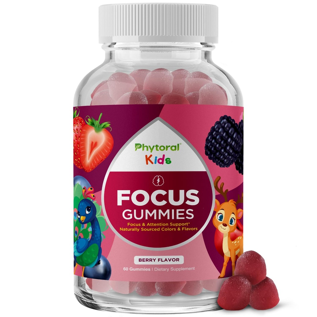 Copiii din Vegan Fizoral Focus Gummies - Suport Creier Puternic Mesteca pentru copii - Îmbunătățește Concentrarea și Memoria - Suplimente calmante & Focus Gummies pentru copii - non-GMO & Gluten-Free - 60 Conte