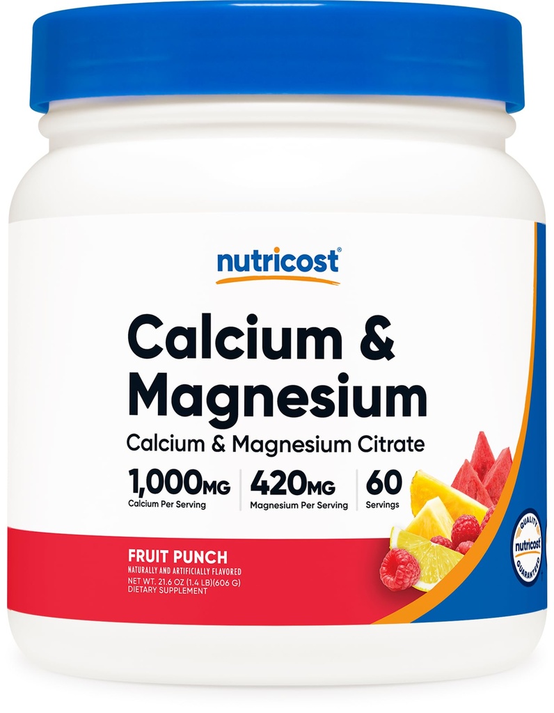 Pulbere de magneziu de calciu (Punch de fructe, 60 de serviri) - Suport osos, Non-GMO, Gluten Free (din Citrate de calciu și Citrat de magneziu)