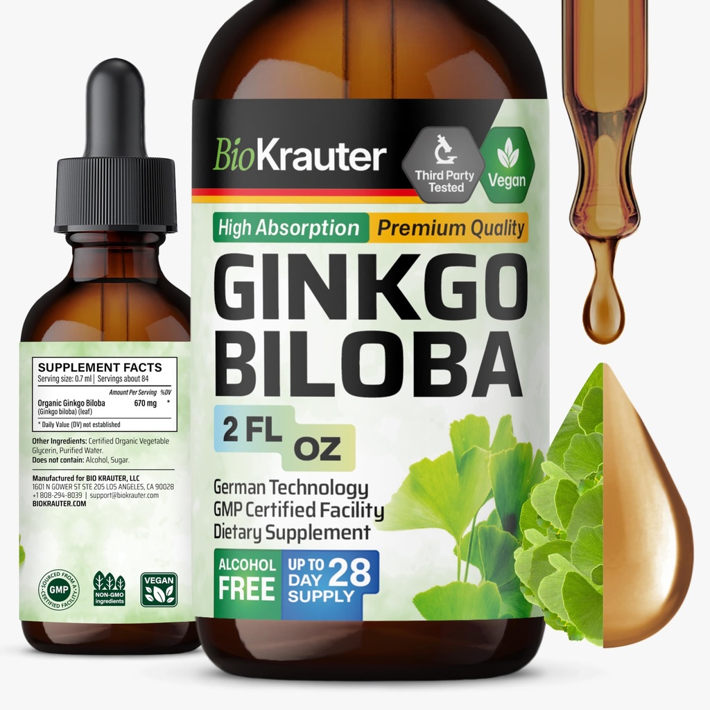 BIO KRAUTER Ginkgo Extract de Biloba - Lichid Ginkgo Biloba Suplimente pentru creier - Vegan, Alcool & Zahăr gratuit - 2 Fl Oz