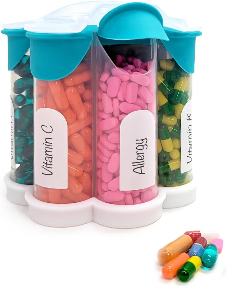 Extra Large Pill Organizator Daily, Weekly, Lunar Supplement Bottle, Cute Blossom Pill Dispenser cu 7 XL Compartimente, Easy-Open Pill Box pentru vitamine, medicamente, etichete incluse (Teal)