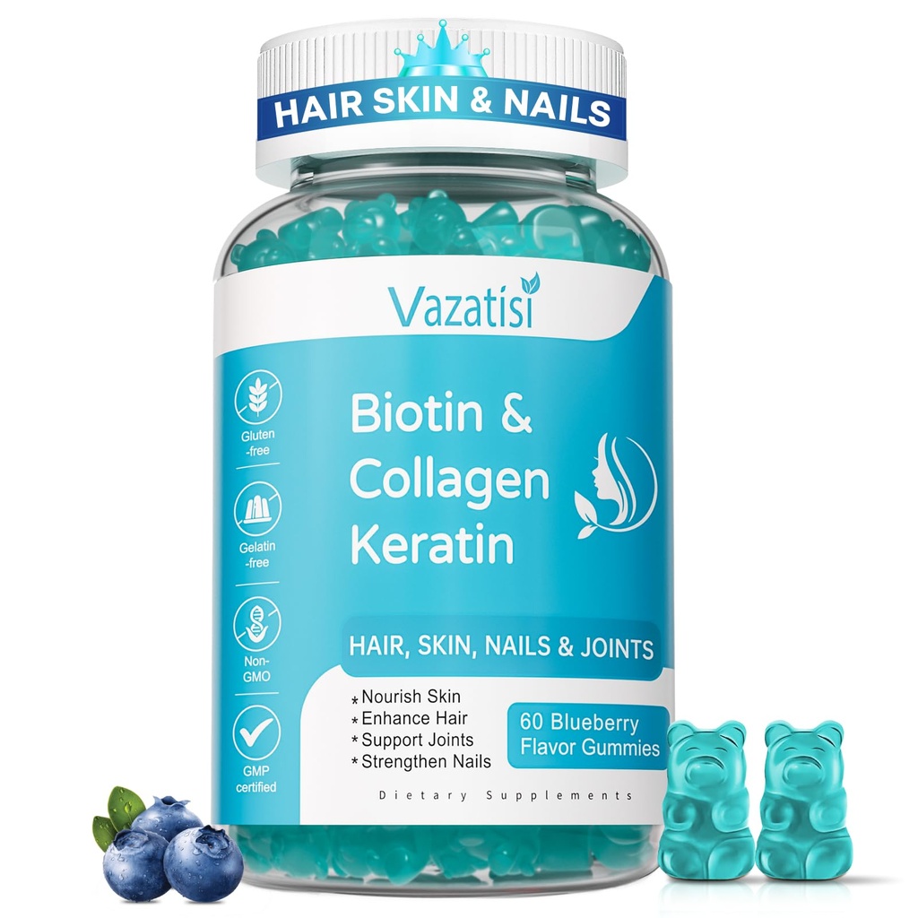 Gume de biotin cu colagen & Keratina pentru unghii de par - suporta cresterea parului si unghii mai puternice, femei barbati, copii - 60 gume aroma de afine